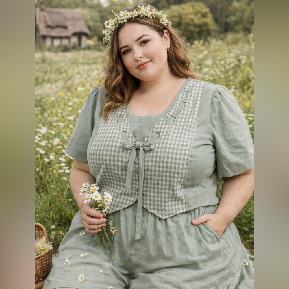 RARE Lady Dorby Shorts Cottage Prarie Green Gingham ROMPER Vest pockets twofer